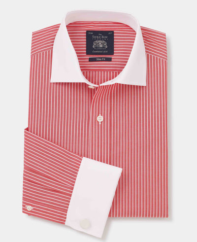 Red White Reverse Stripe Cutaway Collar Slim Fit Formal Shirt - Double Cuff