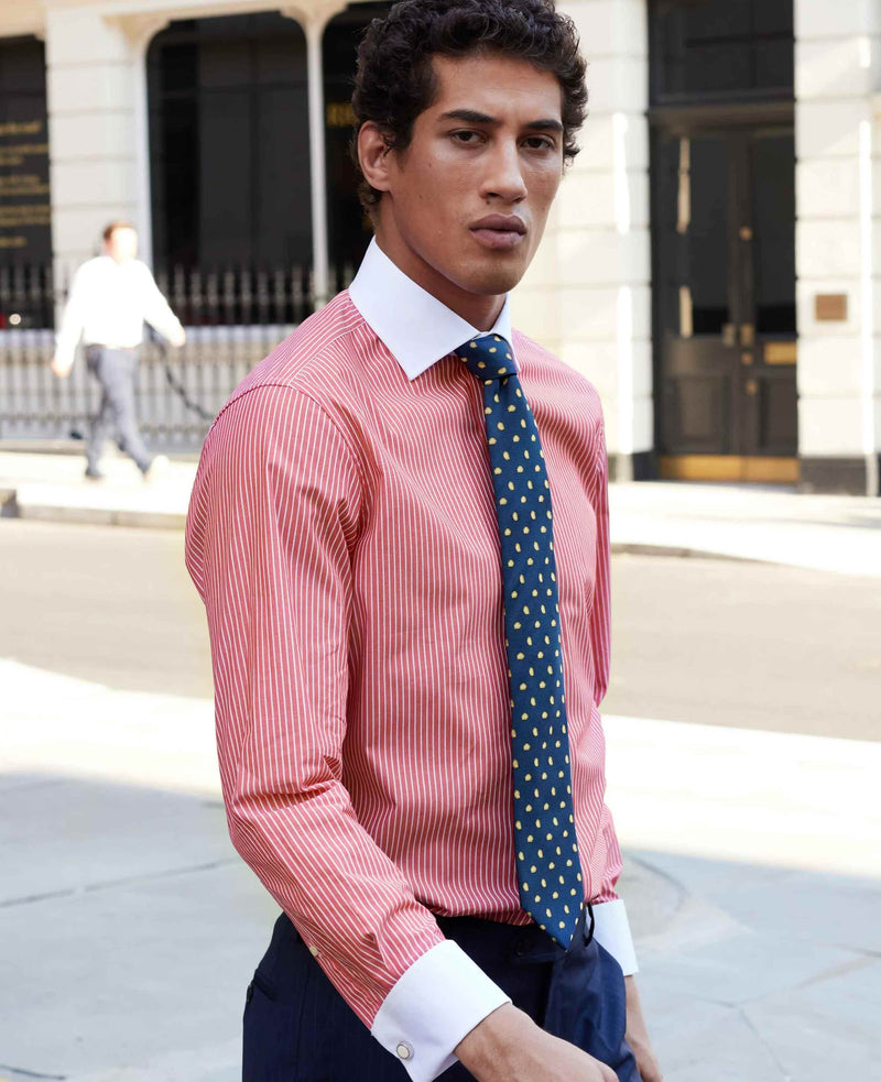 Red White Reverse Stripe Cutaway Collar Slim Fit Dress Shirt - French Cuff