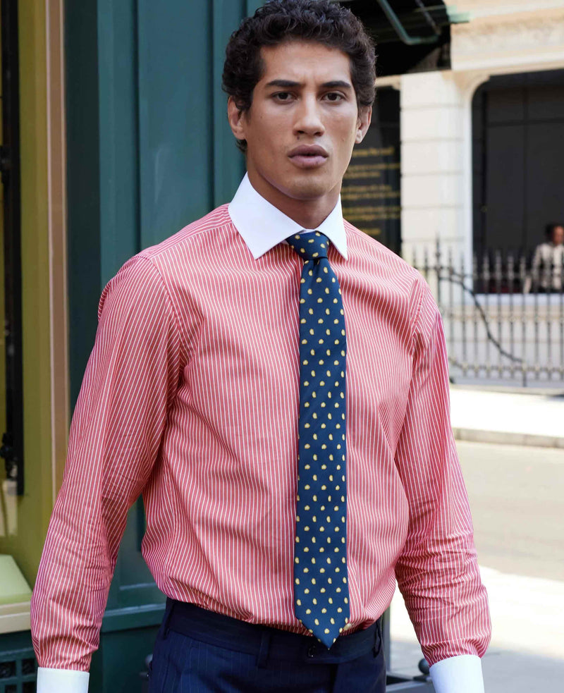 Red White Reverse Stripe Cutaway Collar Slim Fit Dress Shirt - French Cuff