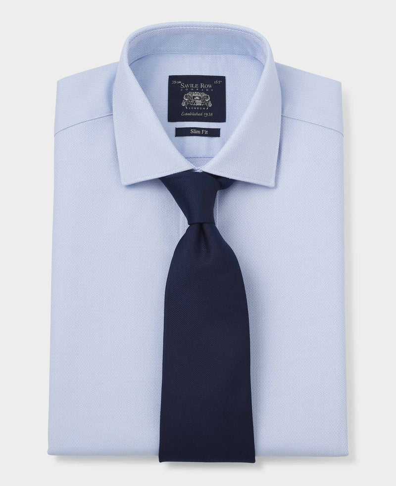 Men's Sky Blue Textured Cotton Slim Fit Formal Shirt With Single Cuffs