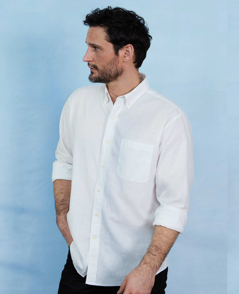 White Linen-Blend Classic Fit Casual Shirt