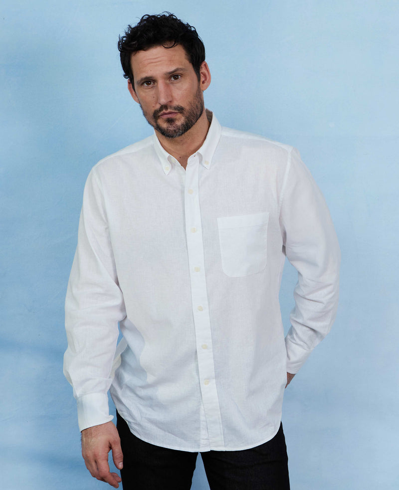 White Linen-Blend Classic Fit Casual Shirt