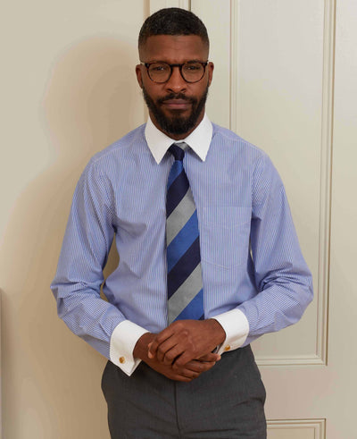 Royal Blue White Stripe Classic Fit Formal Shirt With White Collar & Cuffs - Double Cuff