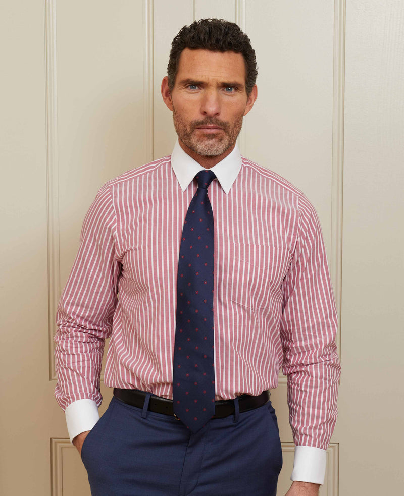 Dark Red White Stripe Classic Fit Shirt With White Collar & Cuffs - Double Cuff