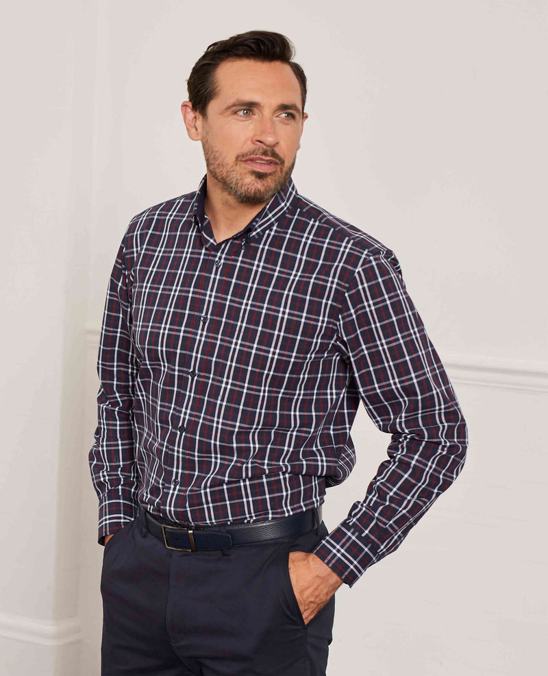 Men's Navy Check Button-Down Casual Shirt