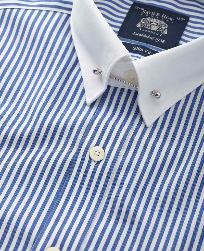 Blue Bengal Stripe Slim Fit Pin Collar Formal Shirt - White Double cuffs & Collar