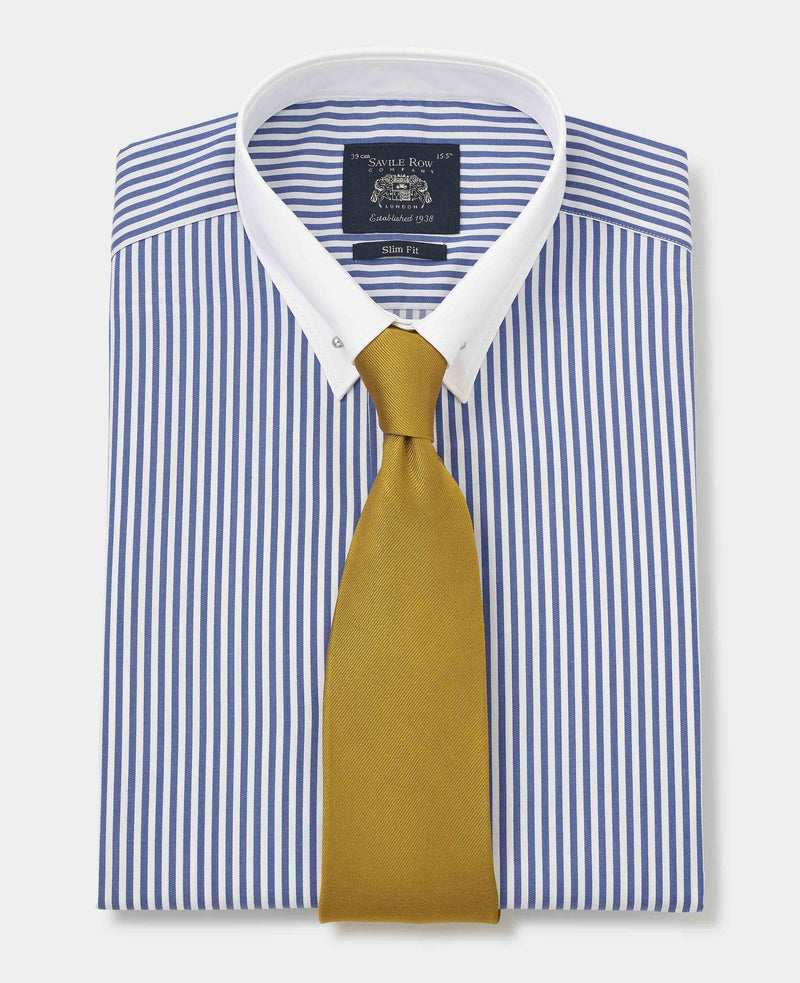 Men's Blue Stripe Pin Collar Slim Fit Winchester Formal Shirt With Double Cuffs