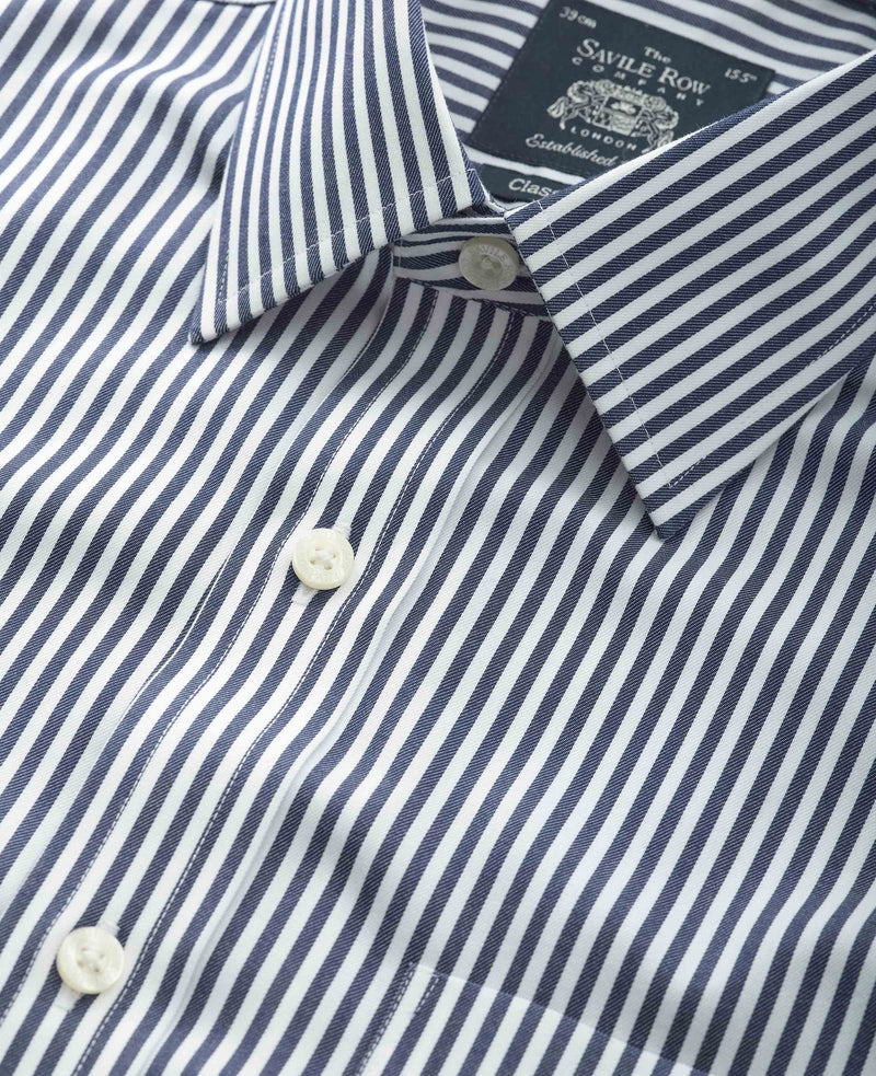 Navy White Stripe Classic Fit Non-Iron Formal Shirt - Single Cuff