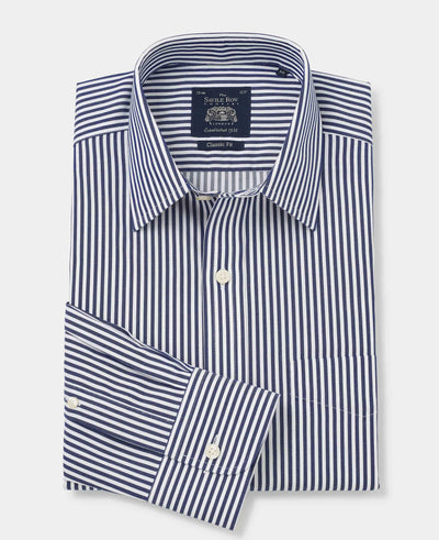 Navy White Stripe Classic Fit Non-Iron Formal Shirt - Single Cuff