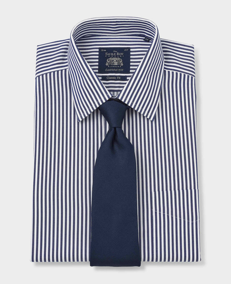 Men's Navy White Stripe Twill Non-Iron Classic Fit Formal Shirt With Single Cuffs