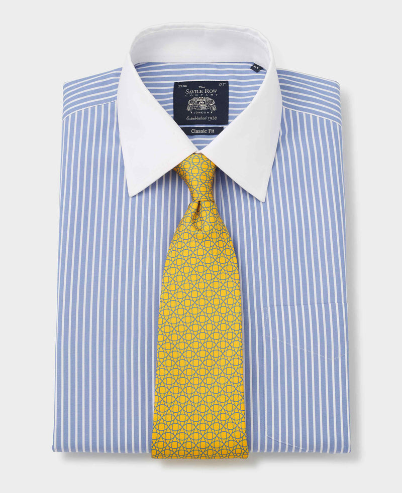 Blue White Stripe Classic Fit Non-Iron Formal Shirt With White Collar & Cuffs - Double Cuff