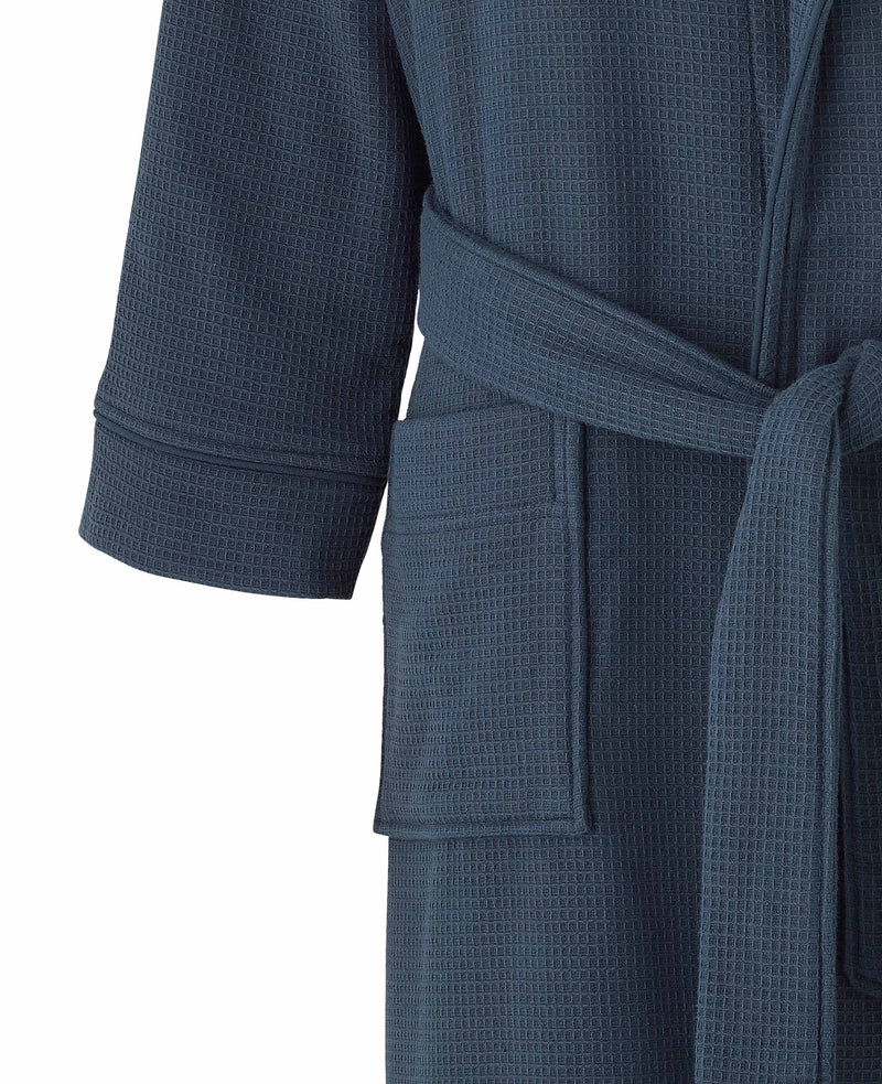 Navy Cotton Waffle Dressing Gown With Fleece Lining