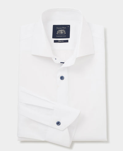 White Slim Fit Contrast Button Smart-Casual Shirt - Single Cuff