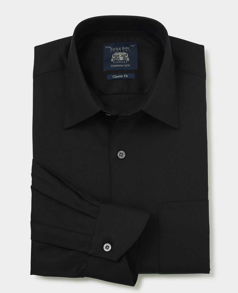 Black Cotton Herringbone Classic Fit Dress Shirt - Single Cuff