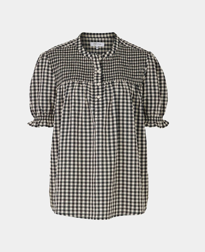 Women's Black Gingham Check Smocked Seersucker Short Sleeve Shirt