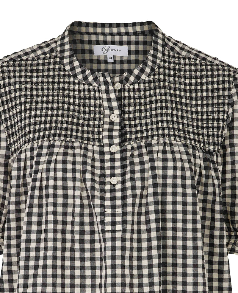 Black Gingham Check Smocked Short Sleeve Seersucker Women's Shirt