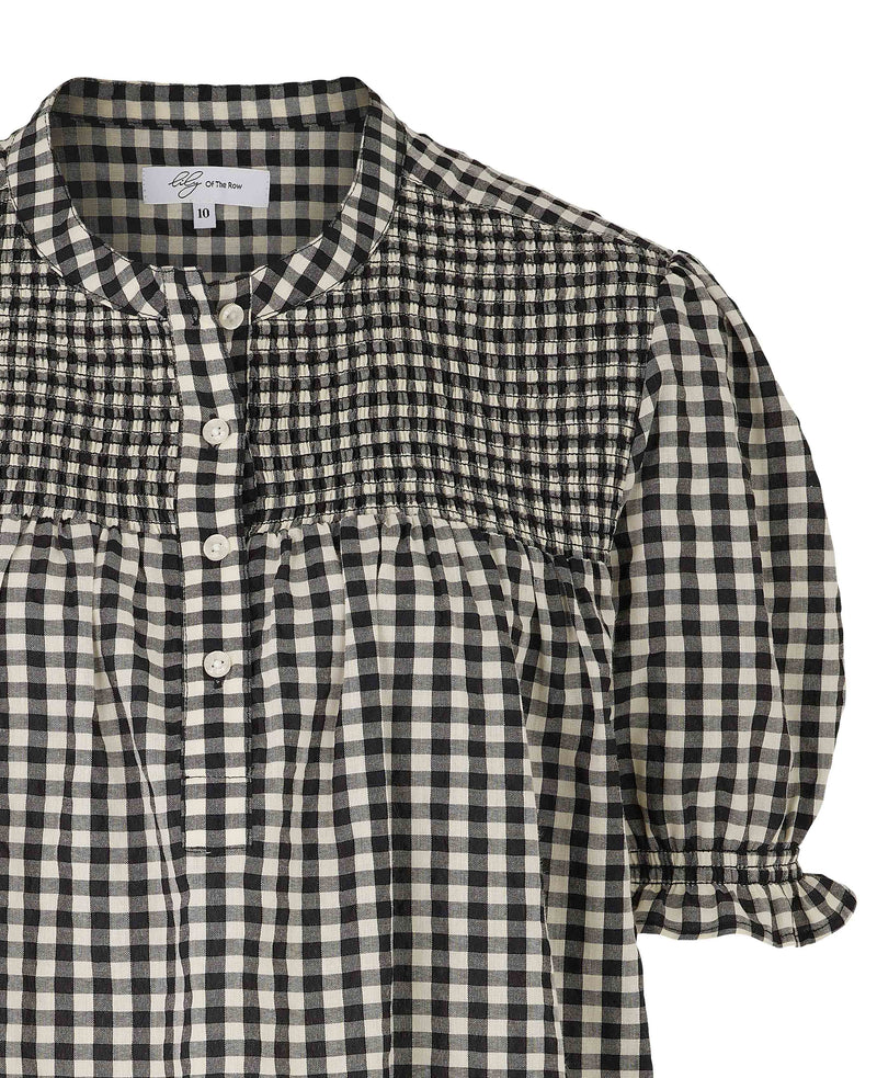 Black Gingham Check Smocked Short Sleeve Seersucker Women's Shirt