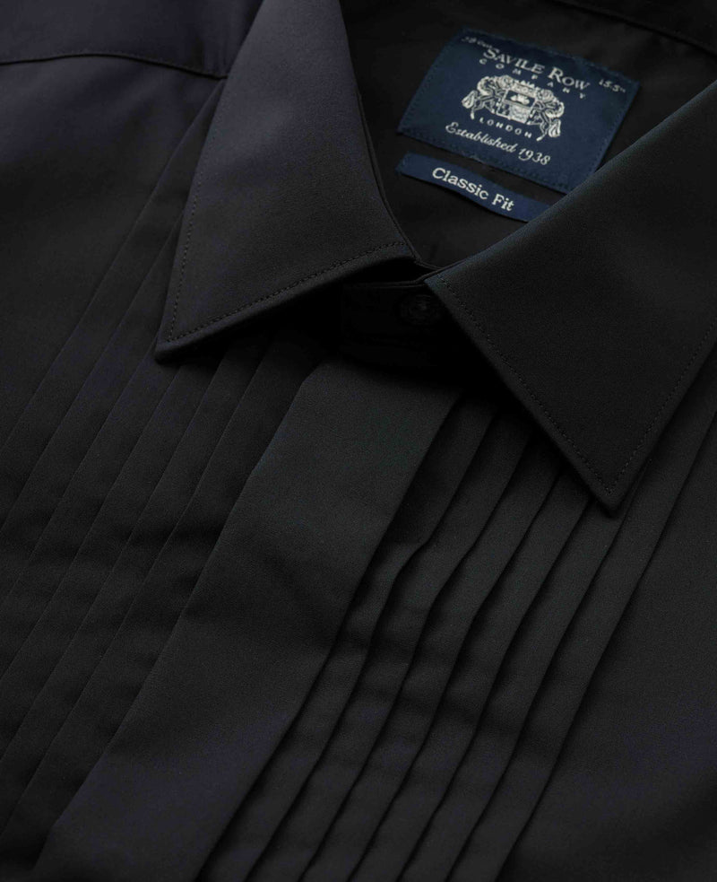 Black Pleated Fly Front Classic Fit Dress Shirt - French Cuff