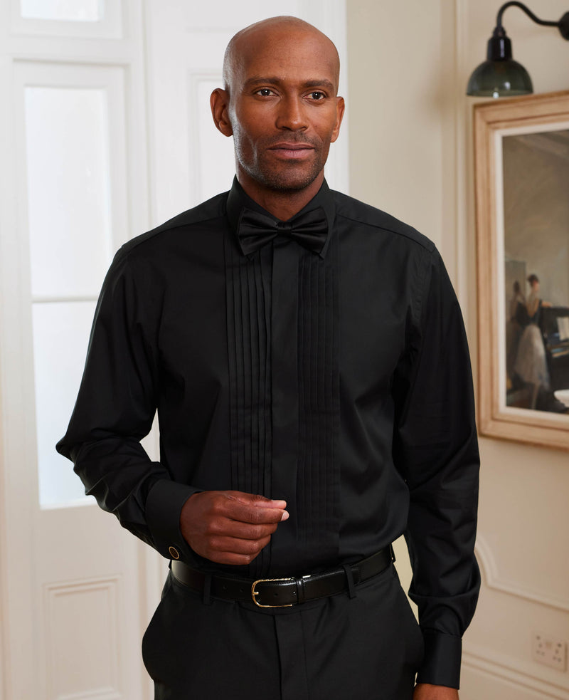 Black Pleated Fly Front Classic Fit Dress Shirt - French Cuff