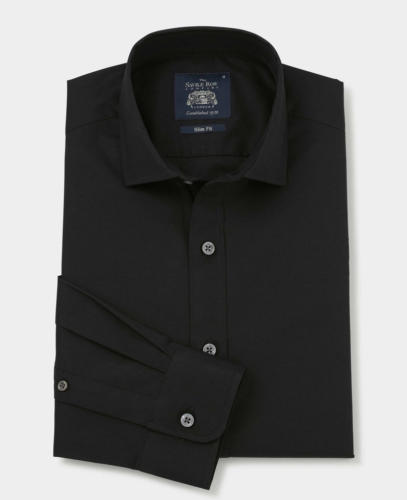 Black Stretch Cotton Slim Fit Smart Casual Shirt - Single Cuff