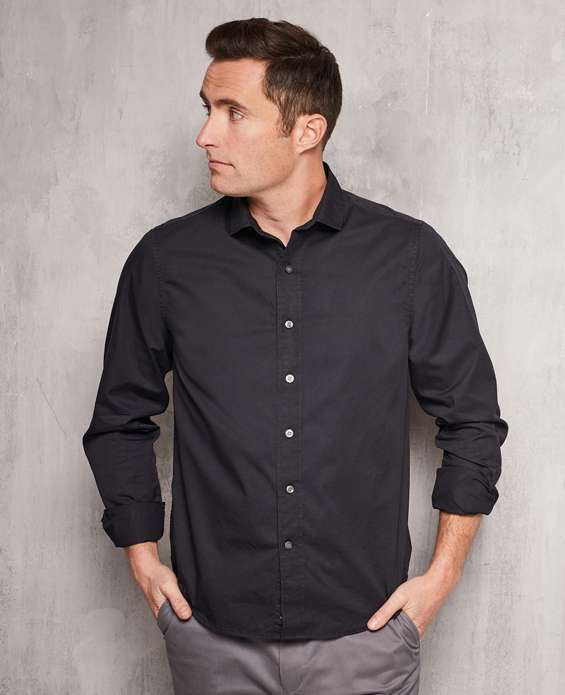 Men's Black Twill Slim Fit Casual Casual Shirt in Shorter Length