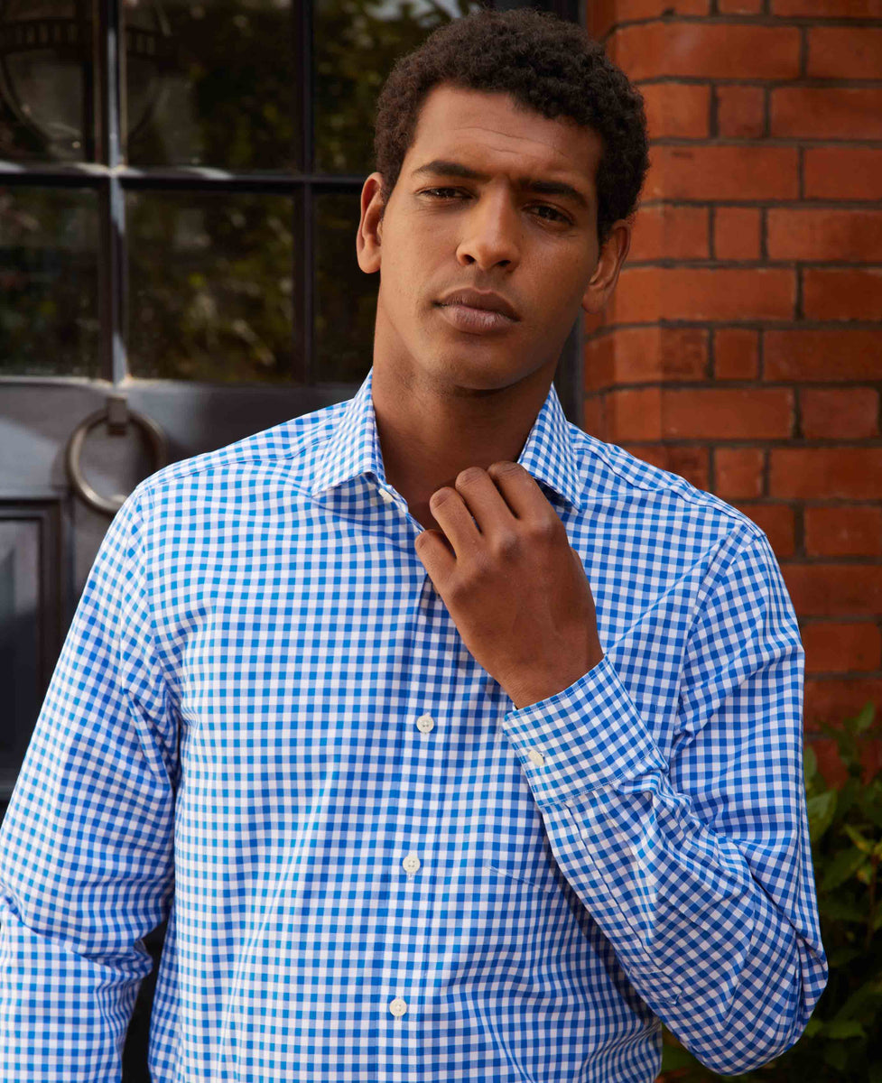 Men's Blue Classic Fit Gingham Check Dress Shirt With Single Cuffs ...