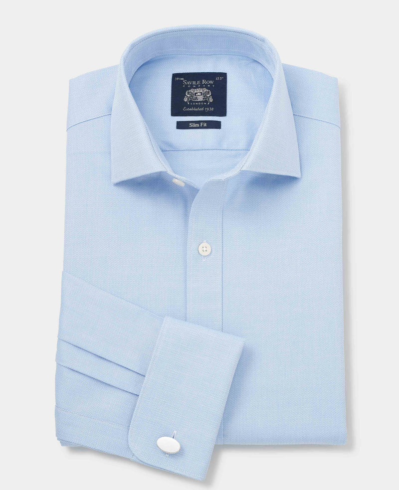 Blue Cotton Herringbone Slim Fit Dress Shirt - French Cuff