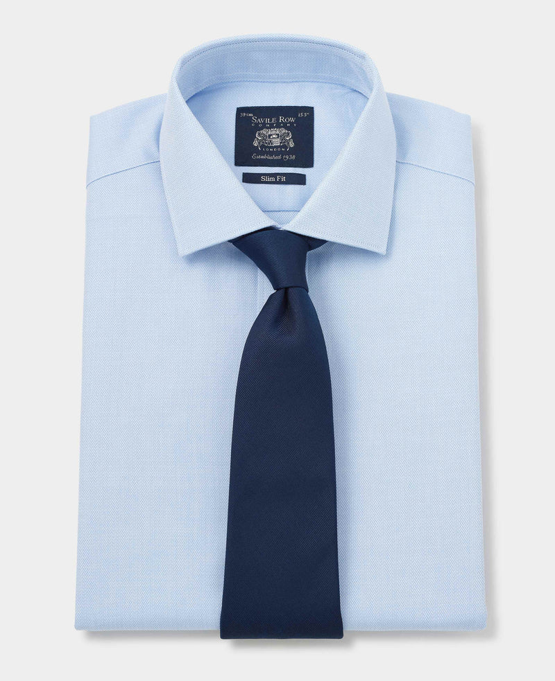 Blue Cotton Herringbone Slim Fit Dress Shirt - French Cuff