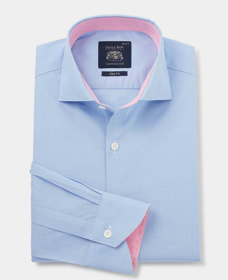 Blue Cotton Micro Check Slim Fit Smart-Casual Shirt - Single Cuff