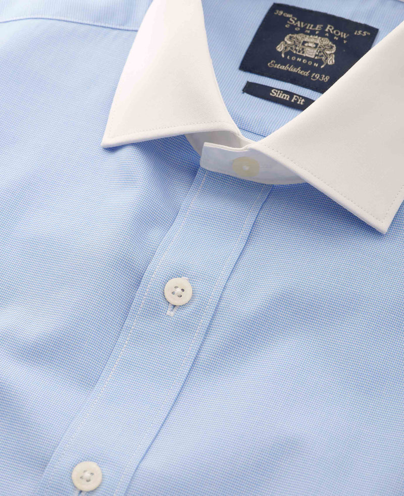 Blue Cotton Micro Check Slim Fit Winchester Dress Shirt - Double Cuff