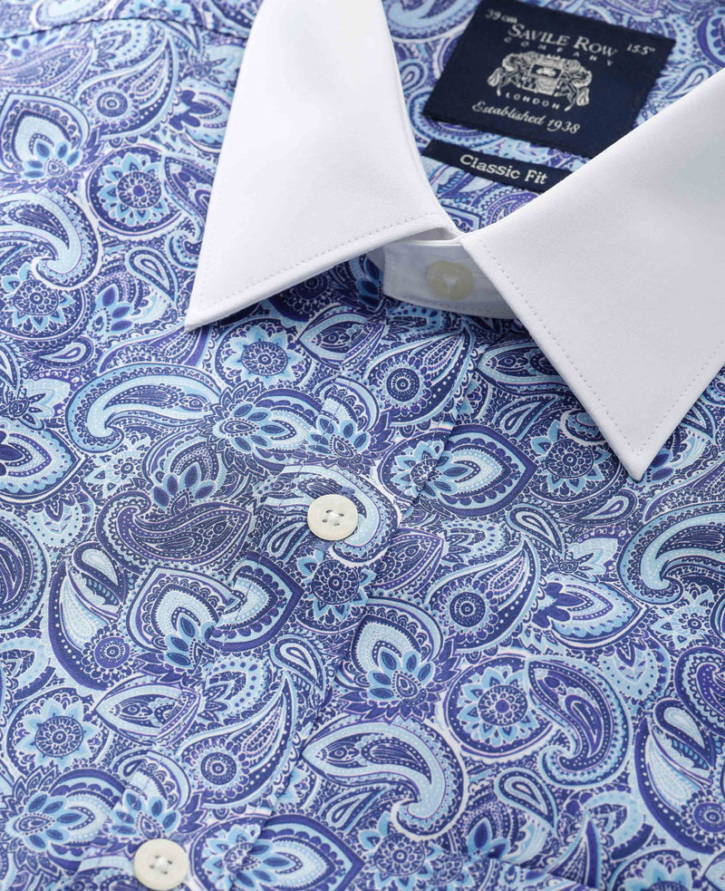 Blue Cotton Paisley Print Classic Fit Winchester Dress Shirt - French Cuff