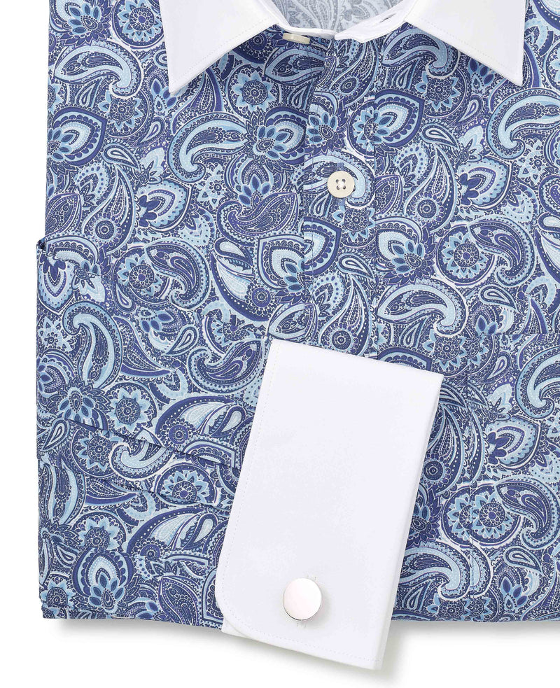 Blue Cotton Paisley Print Classic Fit Winchester Dress Shirt - French Cuff