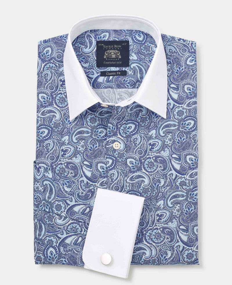 Blue Cotton Paisley Print Classic Fit Winchester Dress Shirt - French Cuff