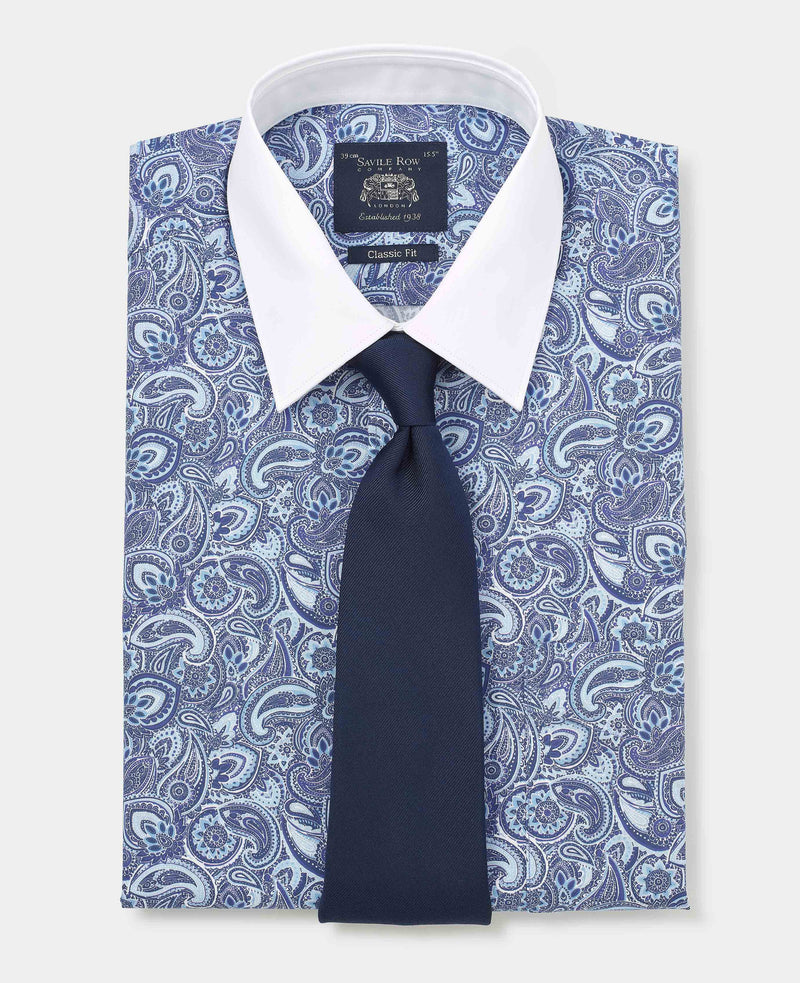 Blue Cotton Paisley Print Classic Fit Winchester Dress Shirt - French Cuff