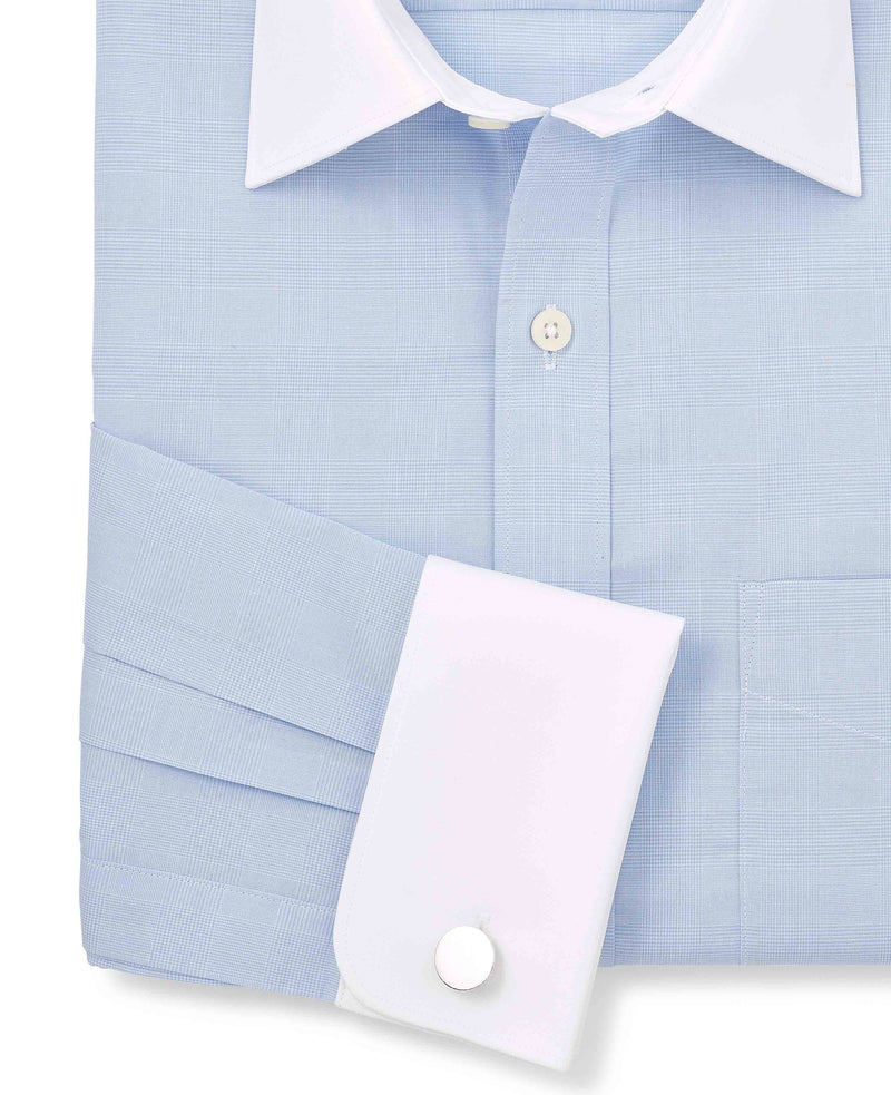 Blue Cotton Prince of Wales Check Classic Fit Winchester Dress Shirt - French Cuff