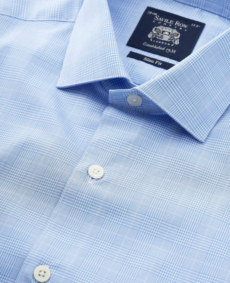 Blue Cotton Prince of Wales Check Slim Fit Dress Shirt - Single Cuff