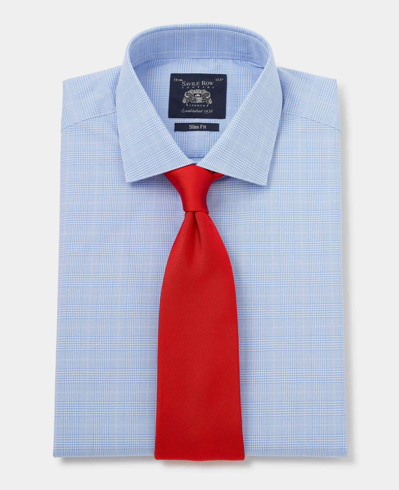 Blue Cotton Prince of Wales Check Slim Fit Dress Shirt - Single Cuff