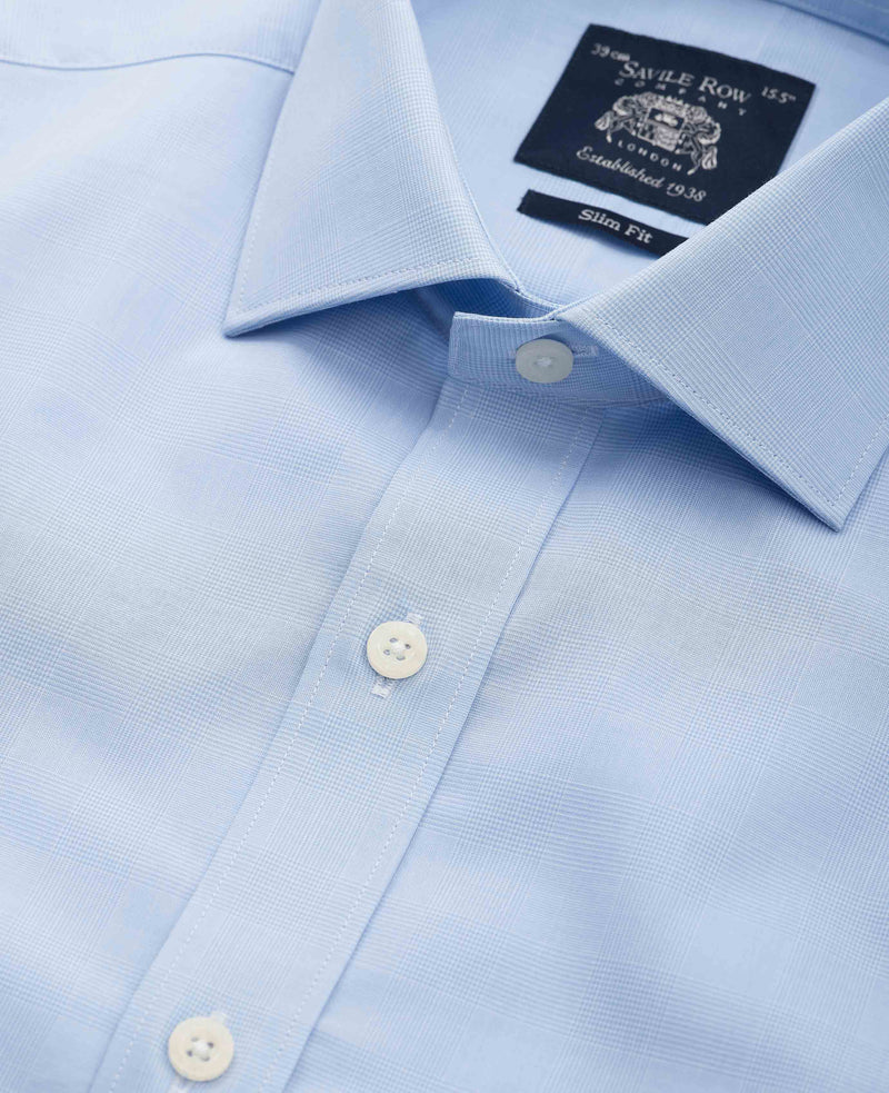 Blue Cotton Prince of Wales Check Slim Fit Dress Shirt - Single Cuff