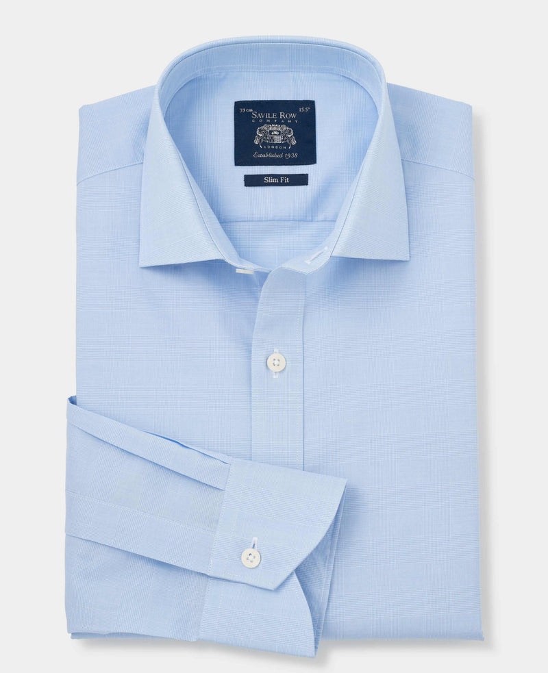 Blue Cotton Prince of Wales Check Slim Fit Dress Shirt - Single Cuff