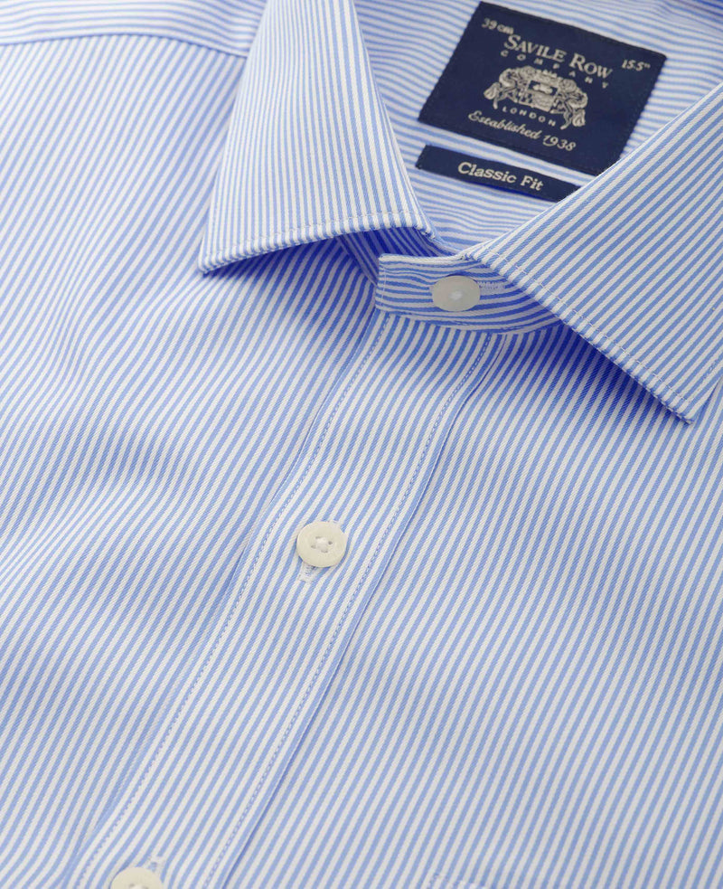 Blue Cotton Twill Classic Fit Striped Dress Shirt - Single Cuff