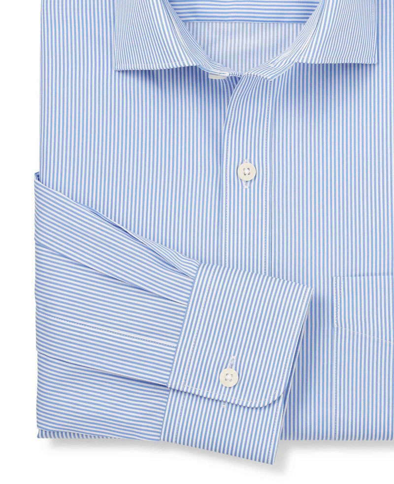 Blue Cotton Twill Classic Fit Striped Dress Shirt - Single Cuff