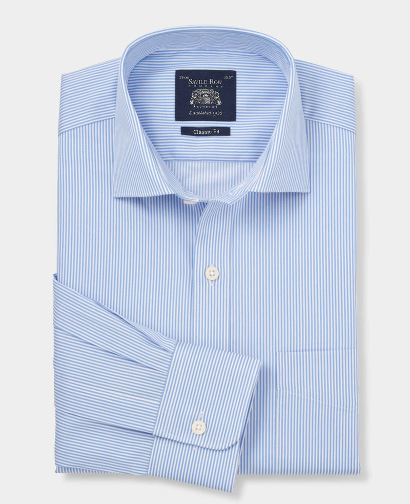 Blue Cotton Twill Classic Fit Striped Dress Shirt - Single Cuff