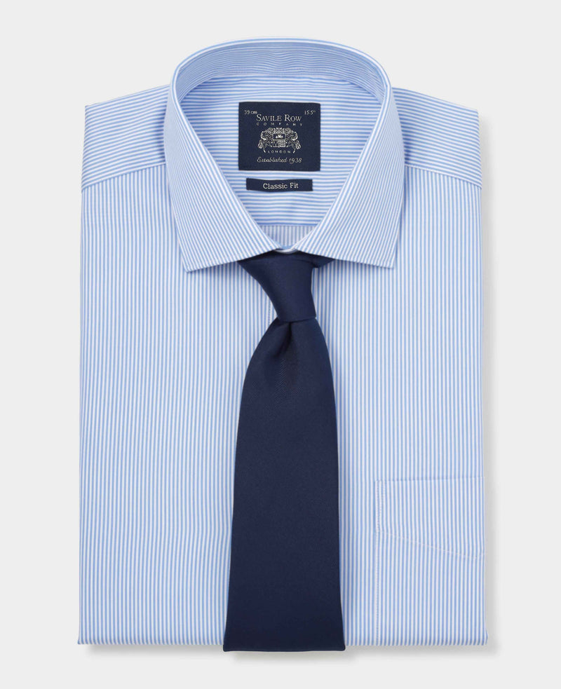 Blue Cotton Twill Classic Fit Striped Dress Shirt - Single Cuff