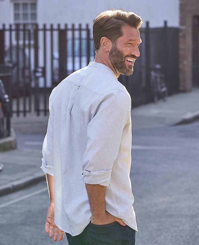 Blue Linen Cotton Stripe Classic Fit Grandad Collar Casual Shirt