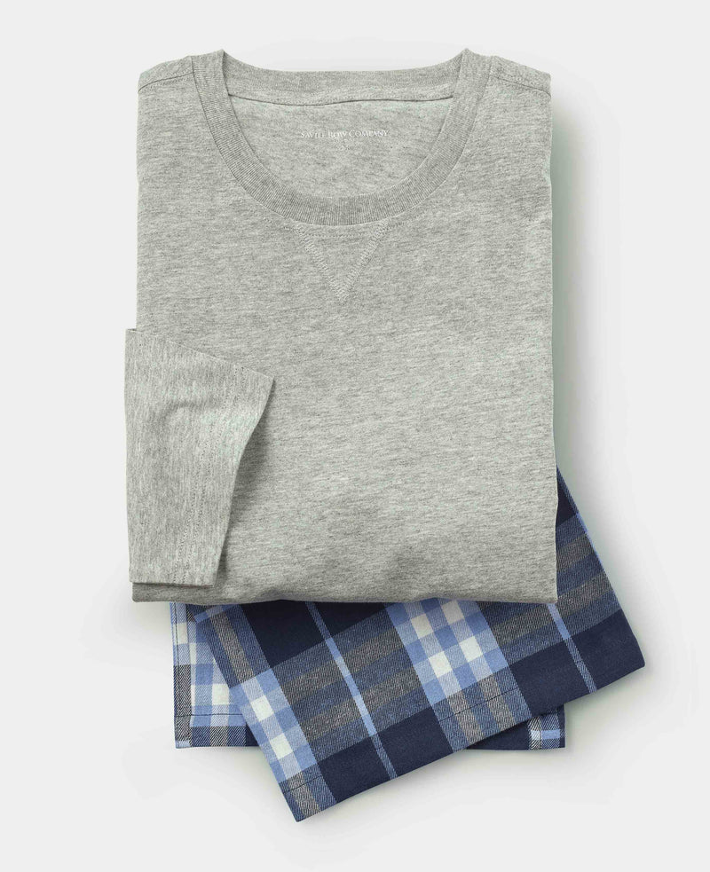 Blue Navy Check Brushed Cotton T-Shirt Pyjama Set