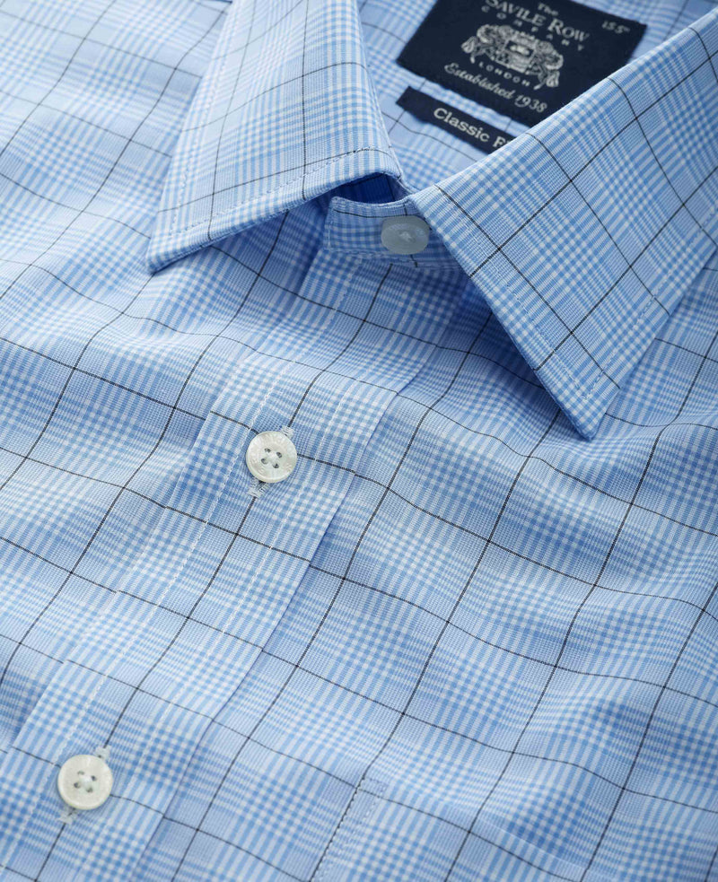 Blue Navy Prince Of Wales Check Classic Fit Formal Shirt - Single Cuff