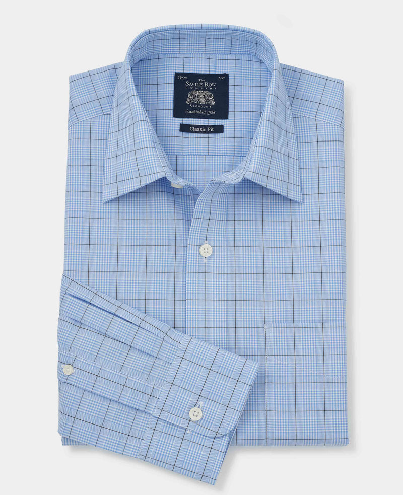 Blue Navy Prince Of Wales Check Classic Fit Formal Shirt - Single Cuff