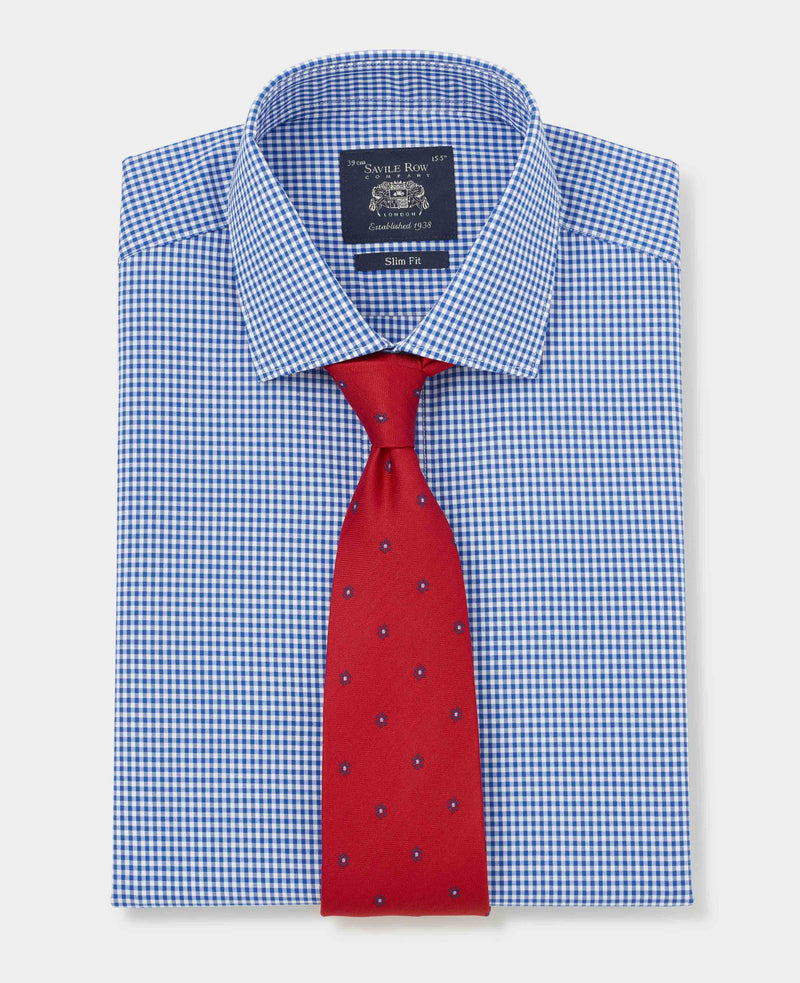 Blue Poplin Slim Fit Gingham Formal Shirt - Single Cuff