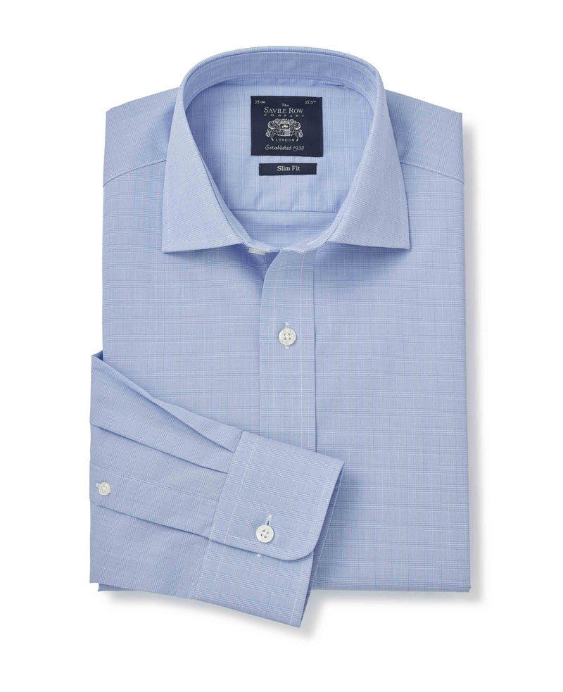 Blue Prince of Wales Check Slim Fit Dress Shirt - Single Cuff