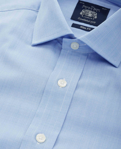 Blue Prince of Wales Check Slim Fit Dress Shirt - Single Cuff